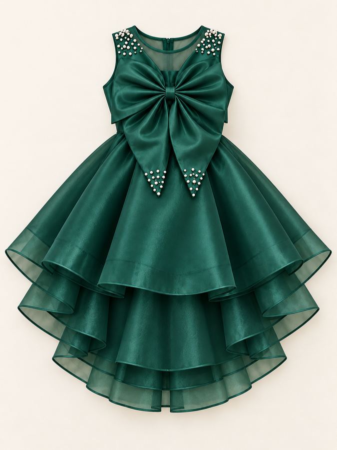 Girls Green Satin Party Frock with Big Bow