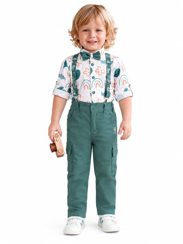 Boys Green Doodle Print Shirt, Bow Tie, Suspenders and Cargo Pants Set (Shoes Not Included)