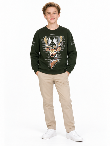 Boys Olive Deer Graphic Full Sleeve T-Shirt