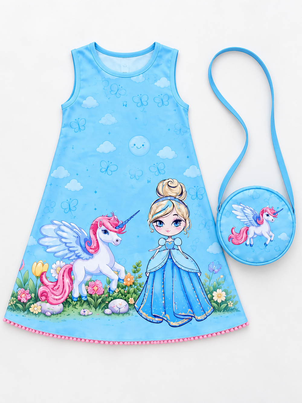 Girls Blue Unicorn Print Dress with Sling Bag