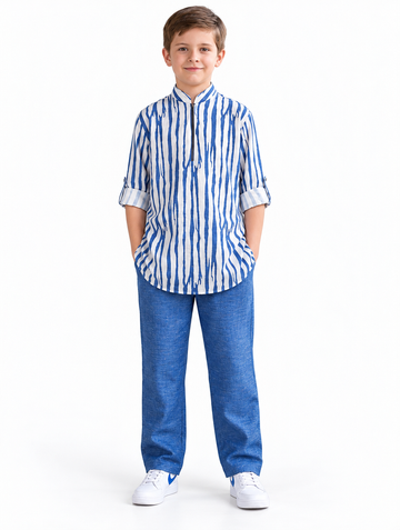 Boys White Striped Kurta and Blue Pajama Set