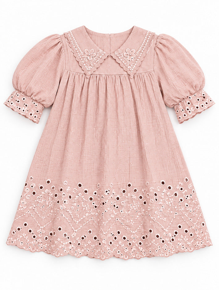 Girls Peach Frock with Cutwork Hem and Puff Sleeves