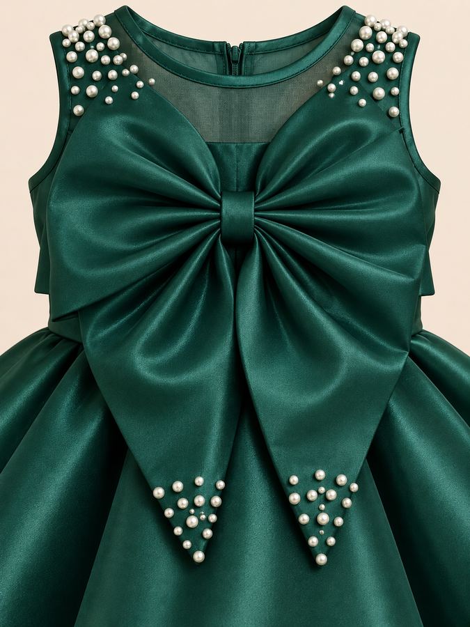 Girls Green Satin Party Frock with Big Bow