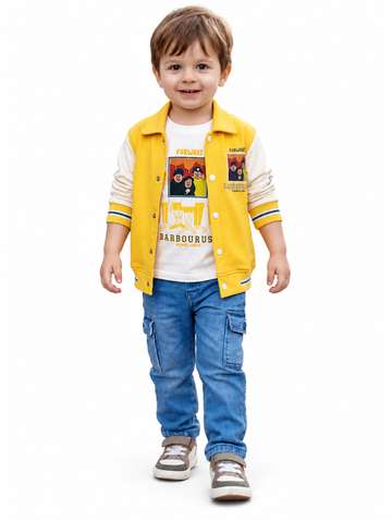 Boys Yellow Varsity Jacket, Graphic T-Shirt and Denim Cargo Jeans Set (Shoes Not Included)