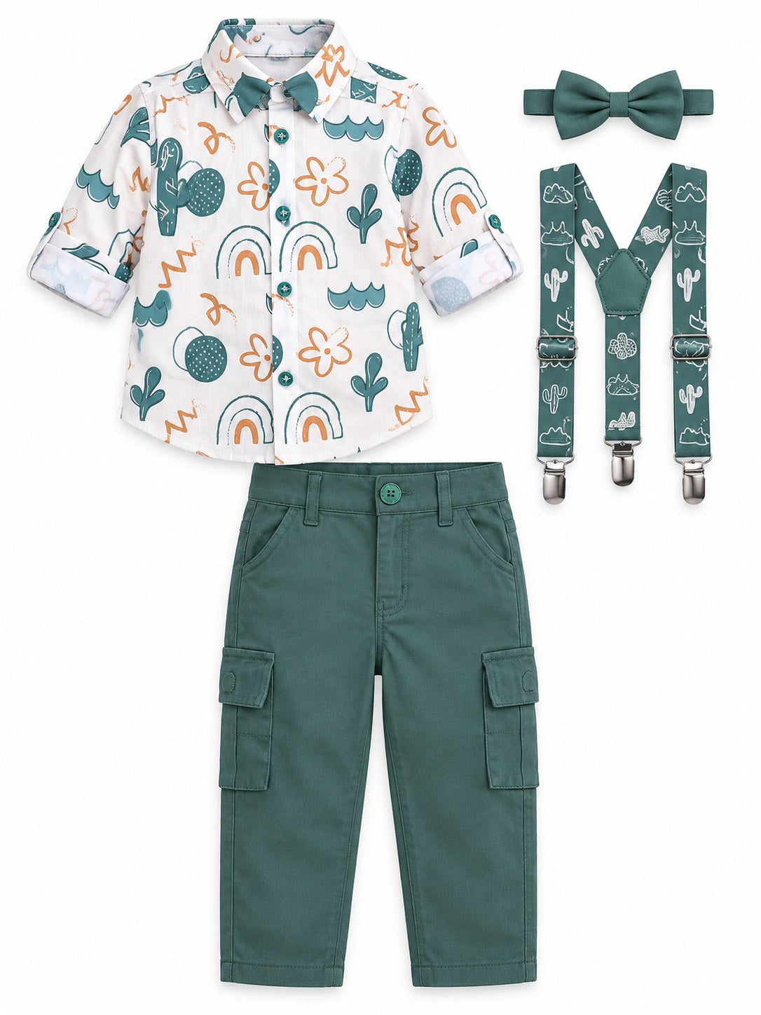 Boys Green Doodle Print Shirt, Bow Tie, Suspenders and Cargo Pants Set (Shoes Not Included)