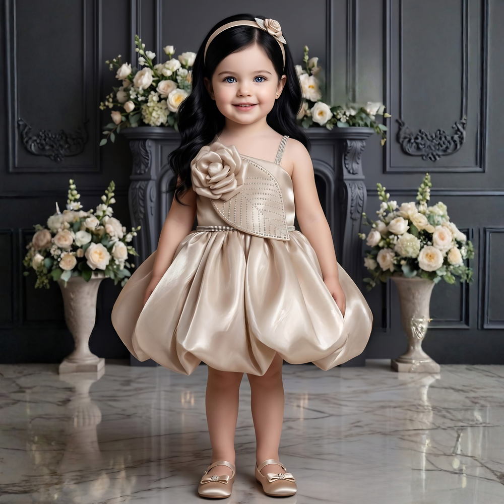 Elegant Silver Frock With Floral Embellished For Girls