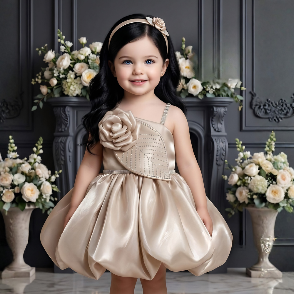 Elegant Silver Frock With Floral Embellished For Girls
