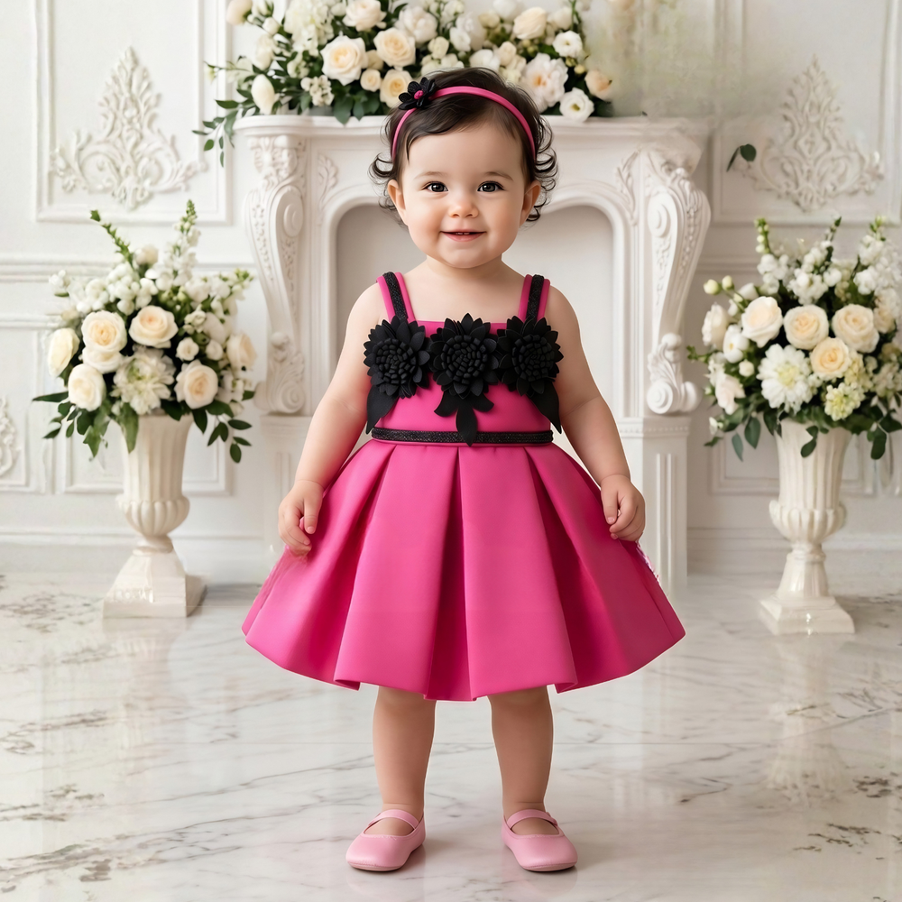 Rani Pink Sleeveless And Floral Embellished Frock For Girls