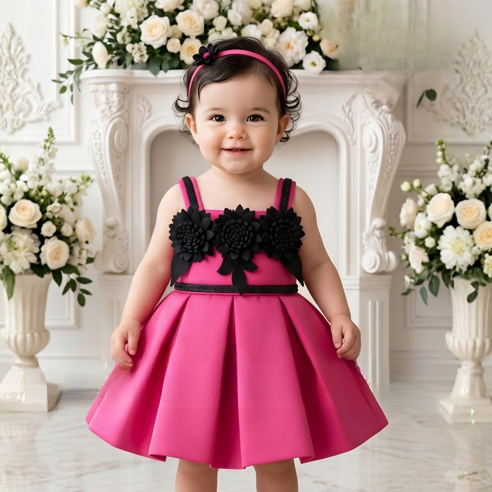 Rani Pink Sleeveless And Floral Embellished Frock For Girls