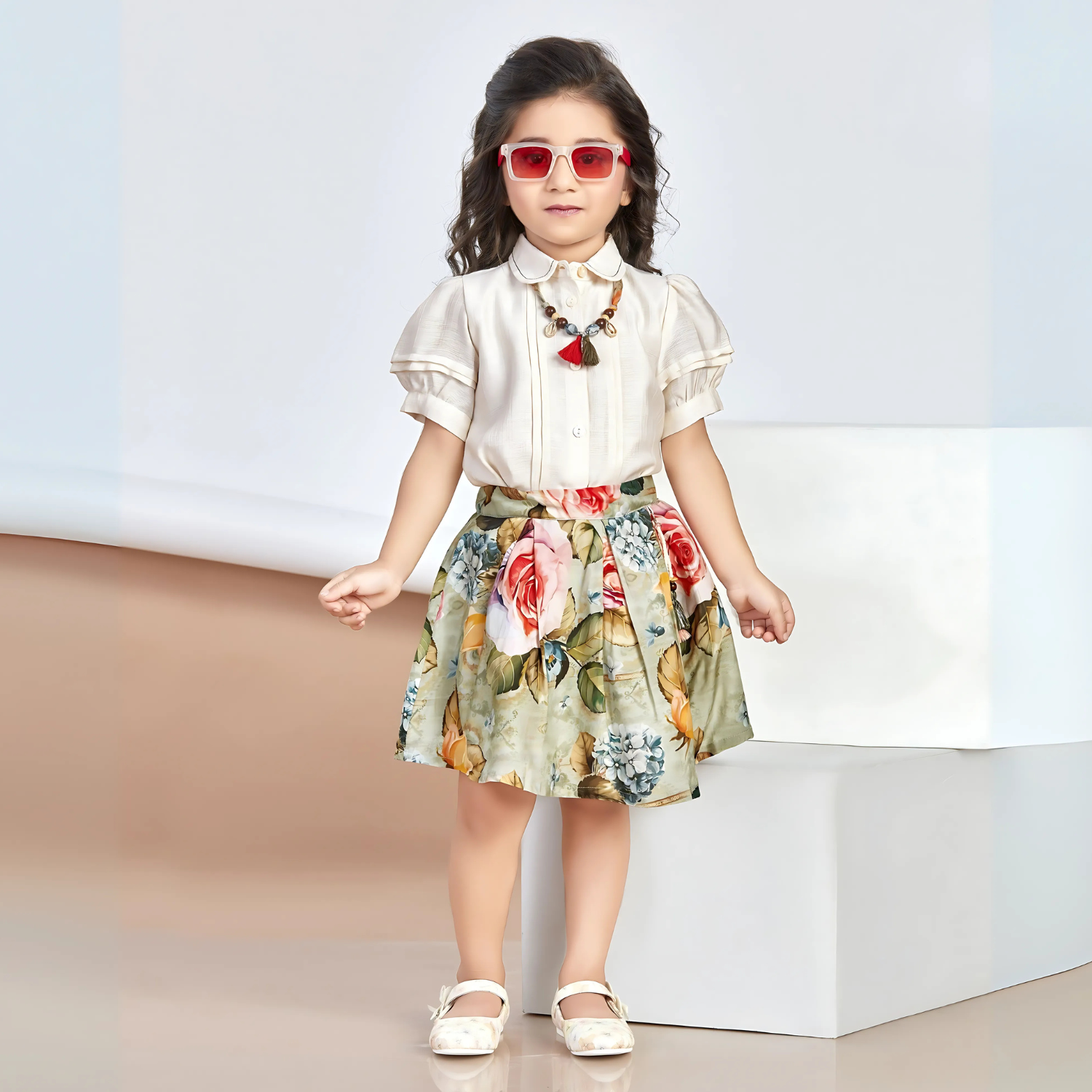 Puff Sleeve Shirt & Green Floral Pleated Skirt Set