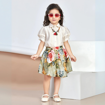 Puff Sleeve Shirt & Green Floral Pleated Skirt Set