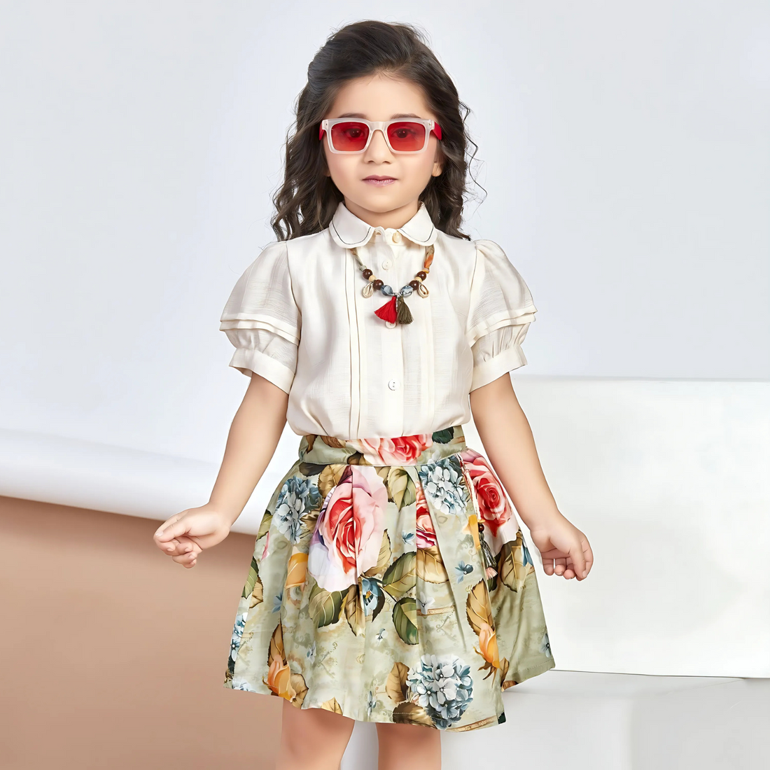 Puff Sleeve Shirt & Green Floral Pleated Skirt Set