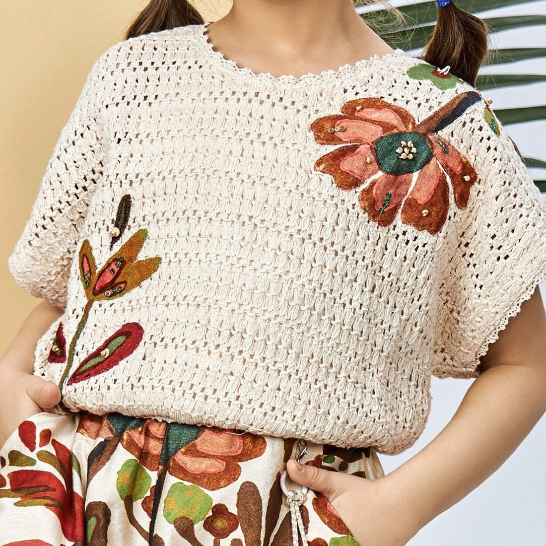 Stylish Cream Crochet Top With Floral Printed Pant Set