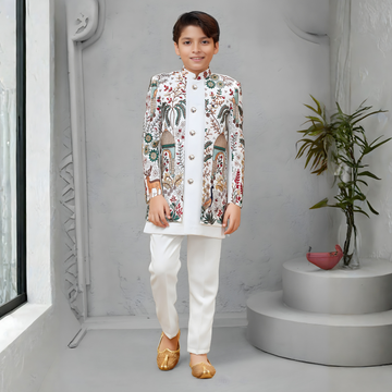 Embroidered Kurta Jacket Set with Peacock Motif For Boys