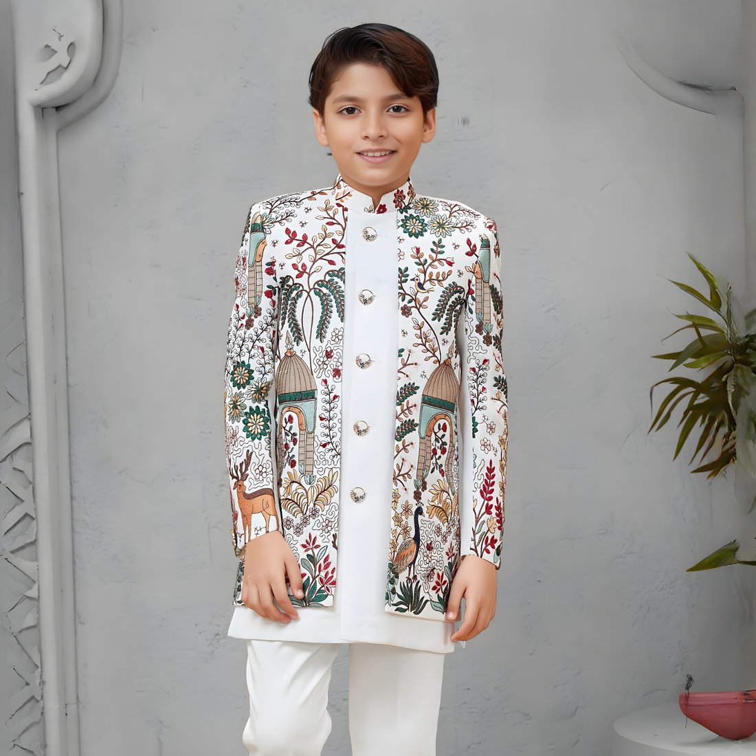Embroidered Kurta Jacket Set with Peacock Motif For Boys