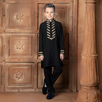 Black Embroidered Party Kurta Set For Boys