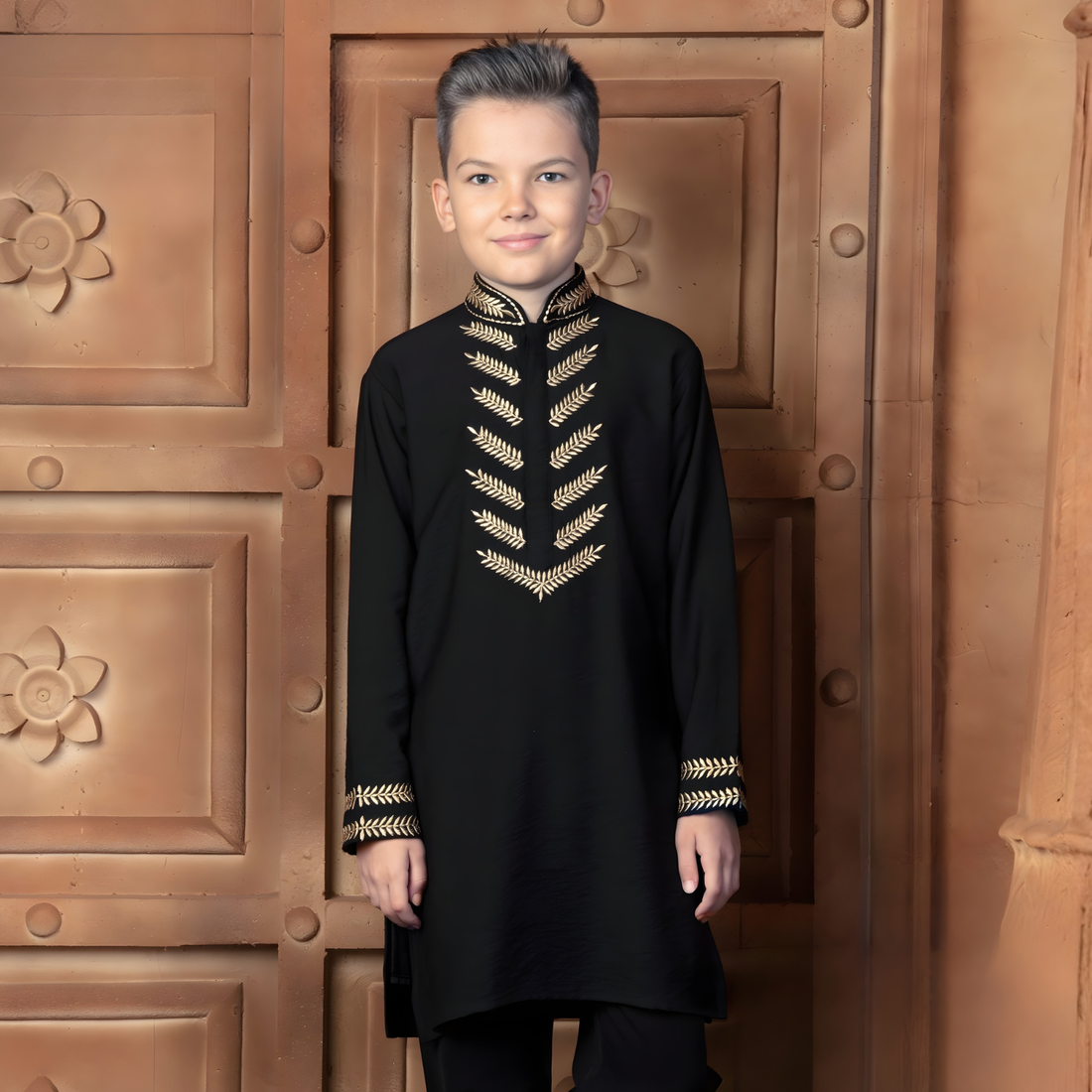 Black Embroidered Party Kurta Set For Boys