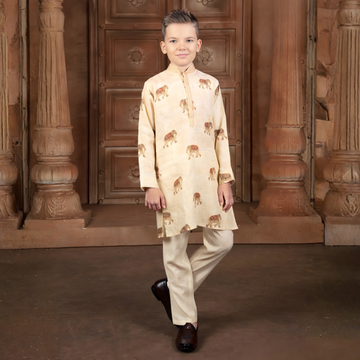 Yellow Linen Printed Kurta Suit For Boys