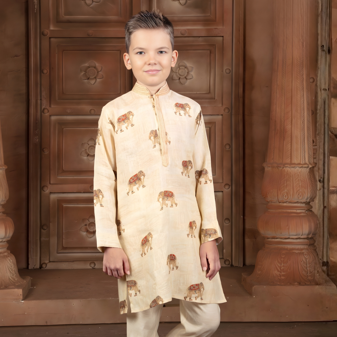 Yellow Linen Printed Kurta Suit For Boys