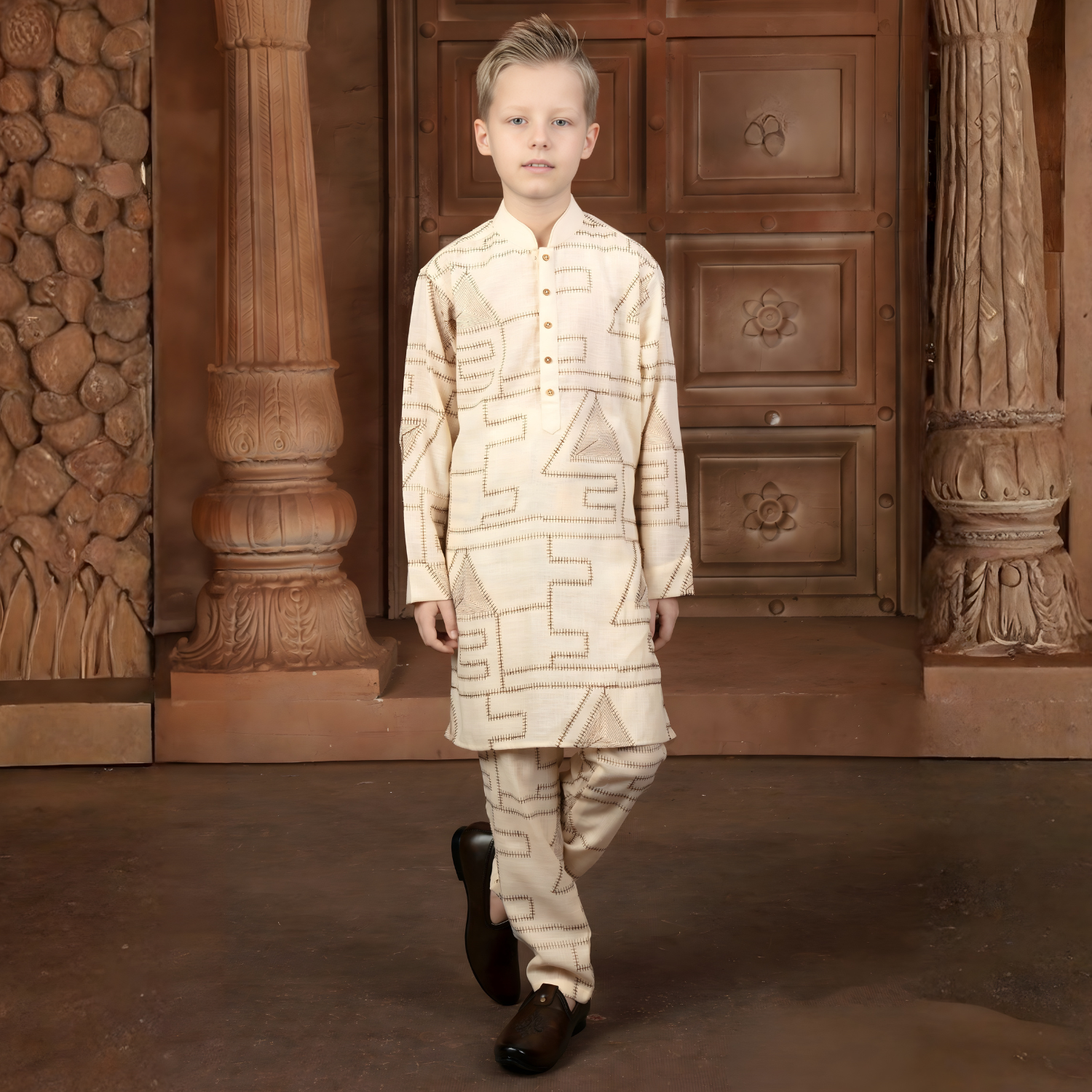 Boys Fawn Festive & Party Kurta and Pyjama Set