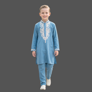 Boy's Stylish Embroidered Kurta Pajama Set Blue