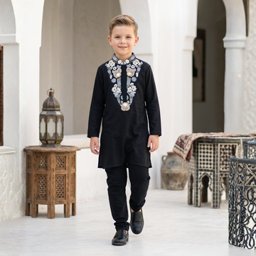 Black Embroidered Kurta Pajama Set For Boys