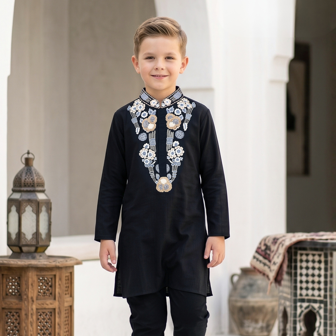 Black Embroidered Kurta Pajama Set For Boys