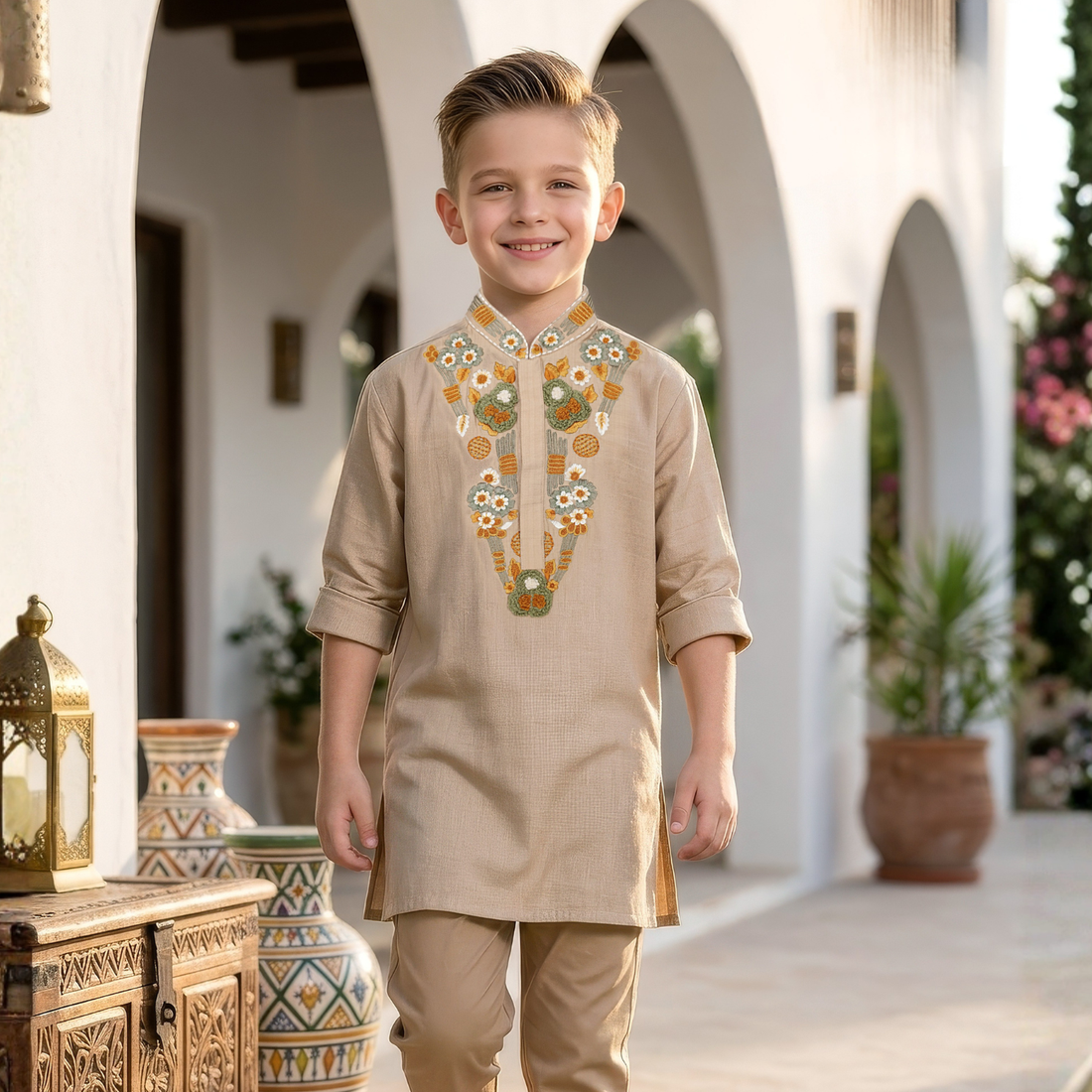 Fawn Embroidered Kurta Pajama Set For Boys