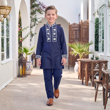 Blue Embroidered Kurta Pajama Set For Boys