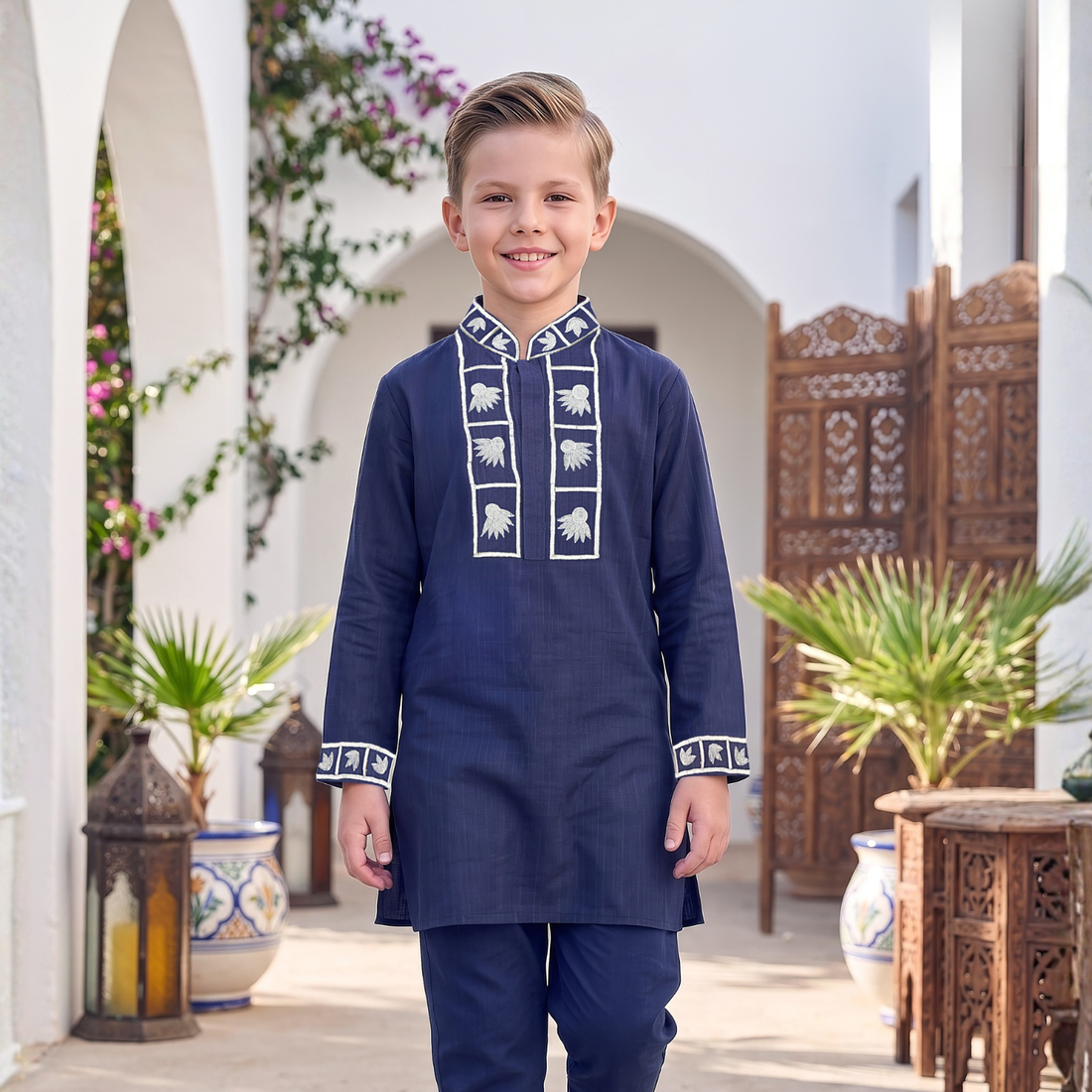 Blue Embroidered Kurta Pajama Set For Boys