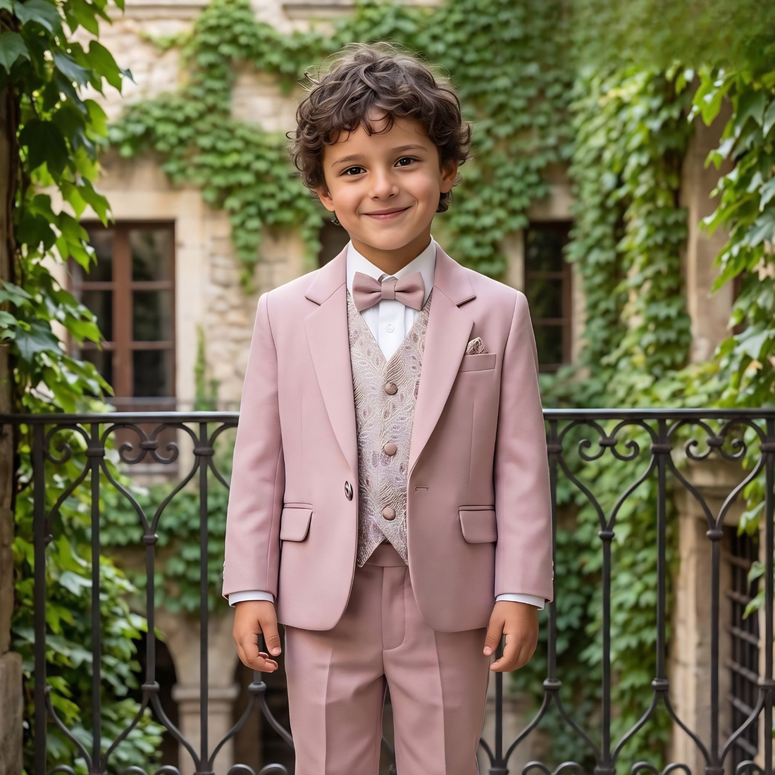 Boys Premium Peach Suit Set with Printed Waistcoat and Bow Tie