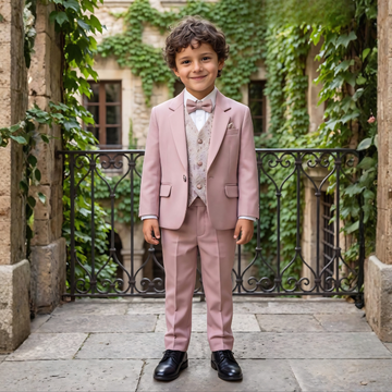 Boys Premium Peach Suit Set with Printed Waistcoat and Bow Tie