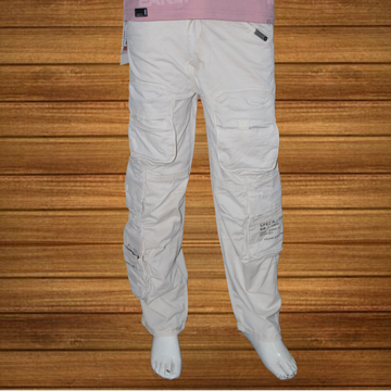 Cream solid cargo fit jeans