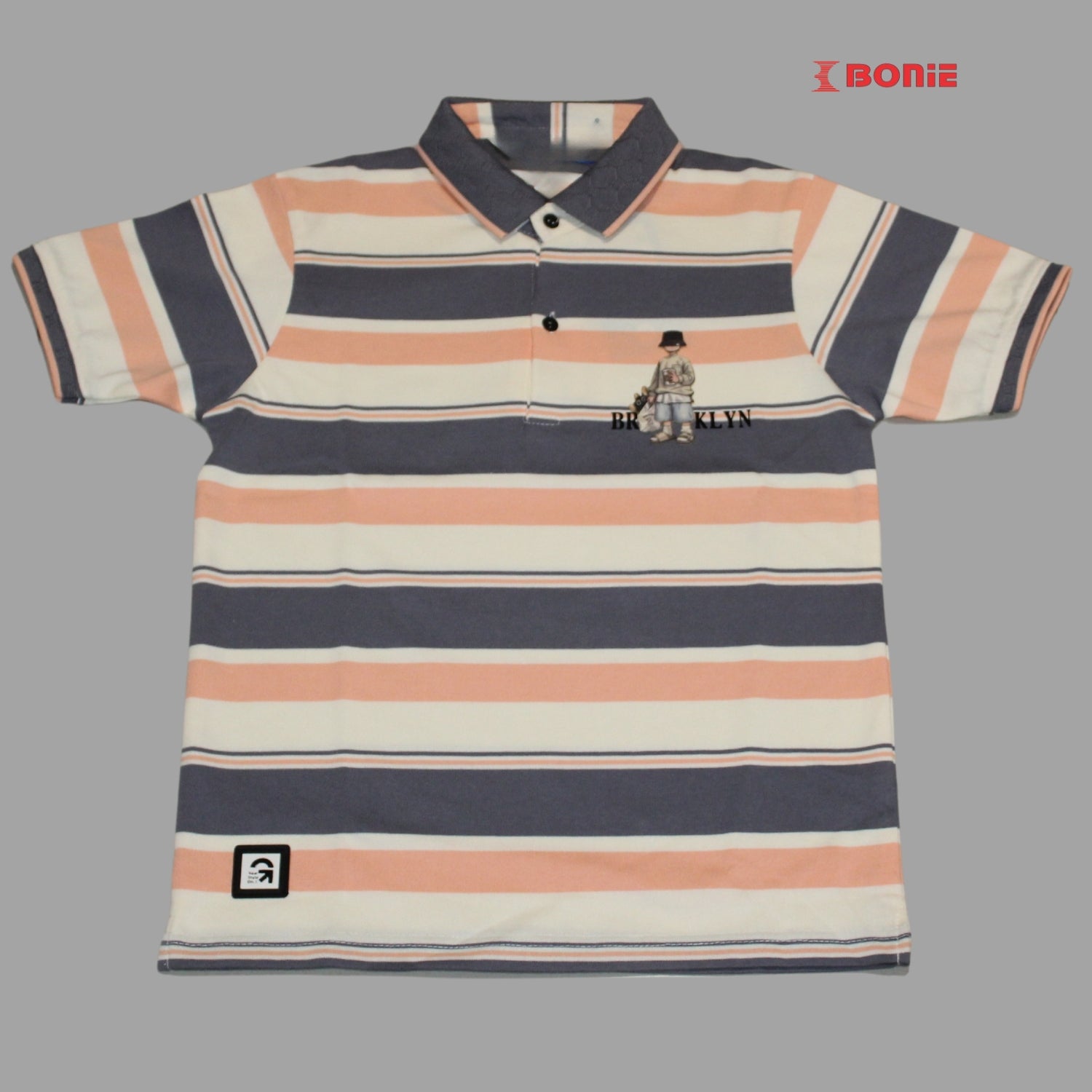 Peach- Striped Polo Collar Pure Cotton Slim Fit T-shirt