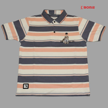 Peach- Striped Polo Collar Pure Cotton Slim Fit T-shirt