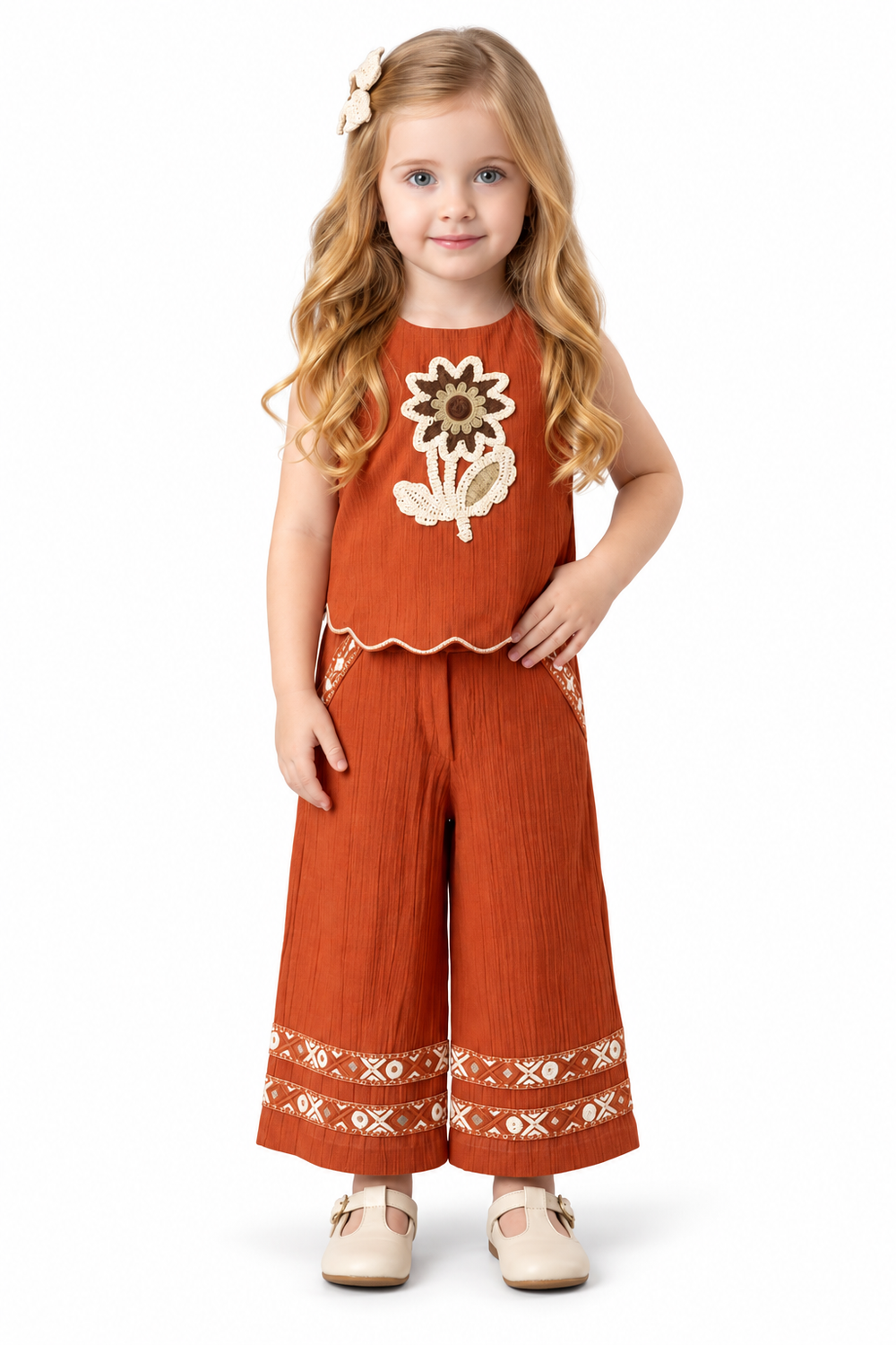 Girls Rust Floral Applique Top and Palazzo Pants Set (Shoes Not Included)