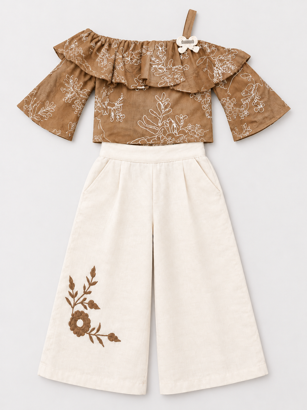 Girls Fawn Embroidered Cold-Shoulder Top and Cream Culottes Set