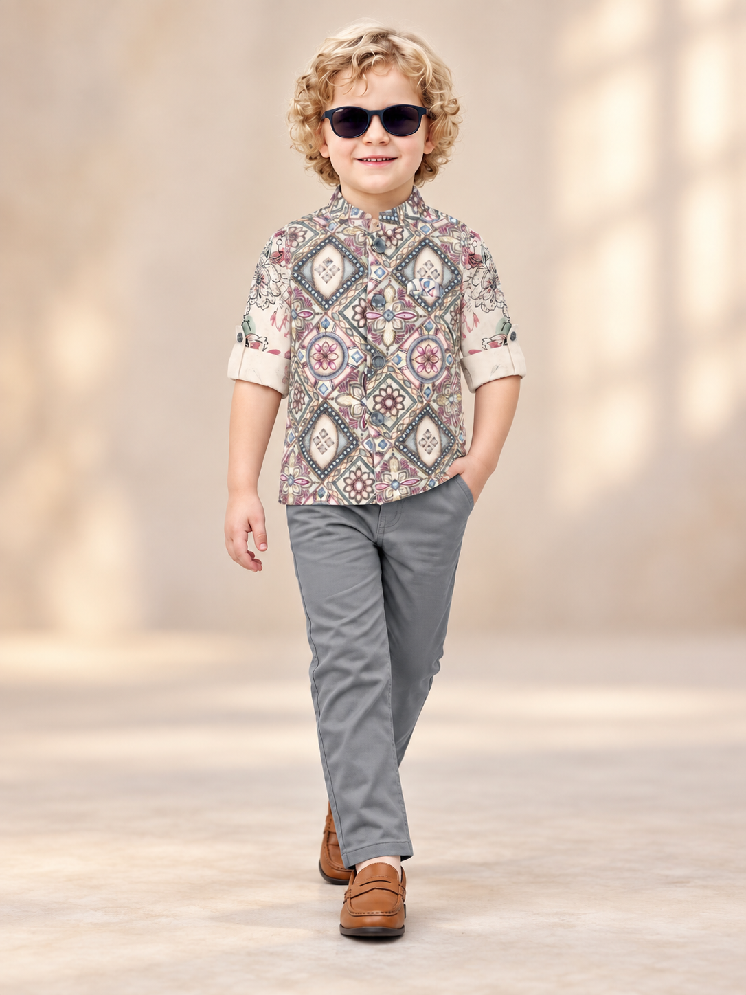 Boys Printed Mandarin Collar Shirt and Gray Pants Set