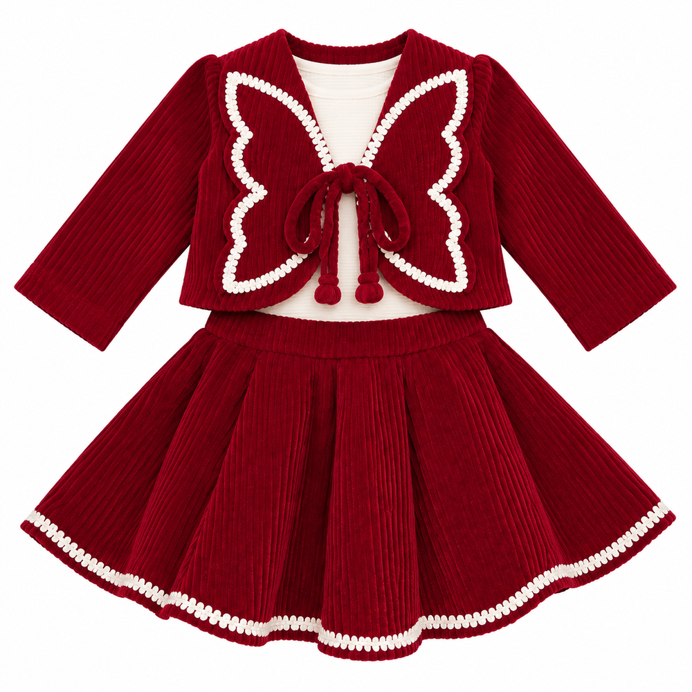 Girls Red Tie-Front Jacket and Flared Skirt Set (Shoes Not Included)