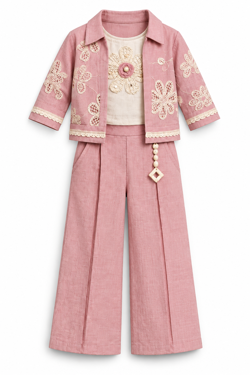Girls Peach Floral Lace Jacket and Palazzo Pants Set (Shoes Not Included)