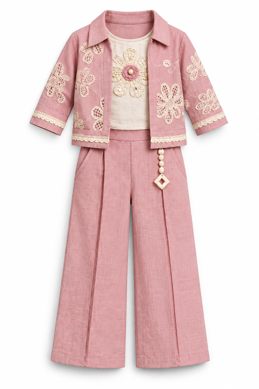 Girls Peach Floral Lace Jacket and Palazzo Pants Set (Shoes Not Included)