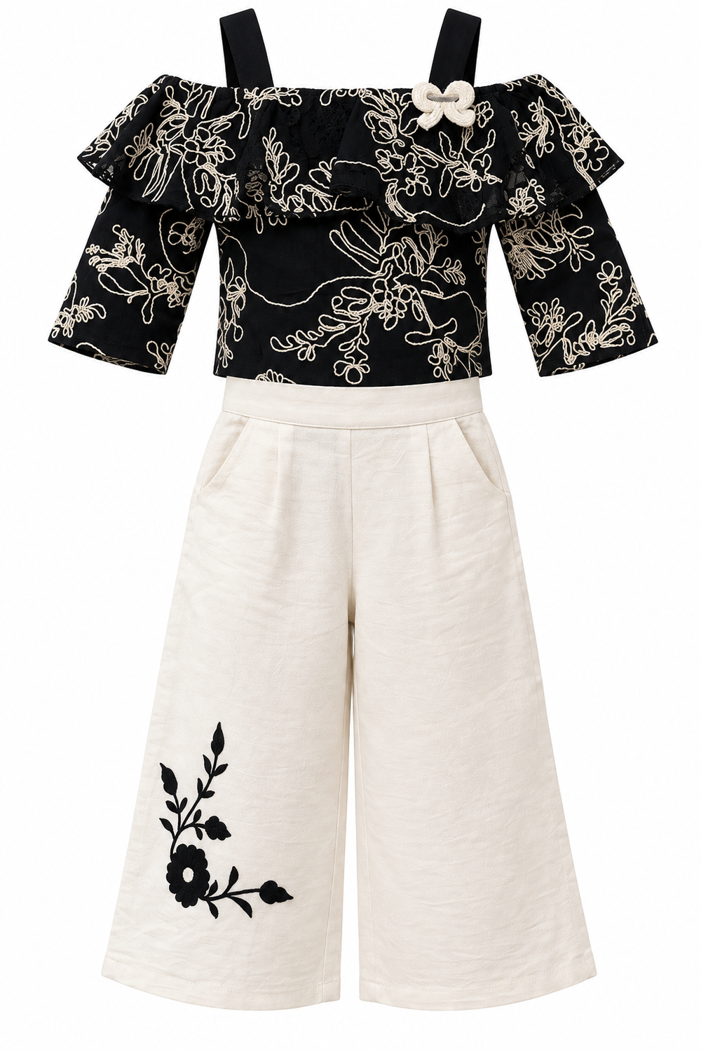 Girls Black Embroidered Cold-Shoulder Top and Cream Culottes Set (Shoes Not Included)
