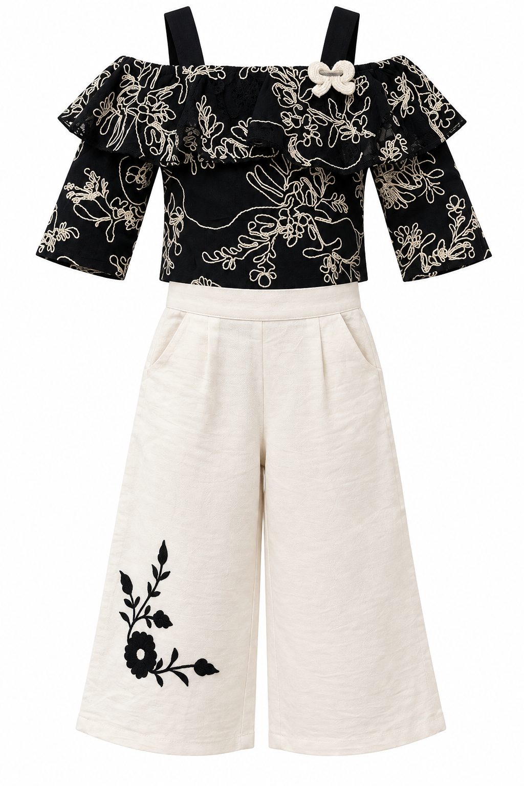 Girls Black Embroidered Cold-Shoulder Top and Cream Culottes Set (Shoes Not Included)