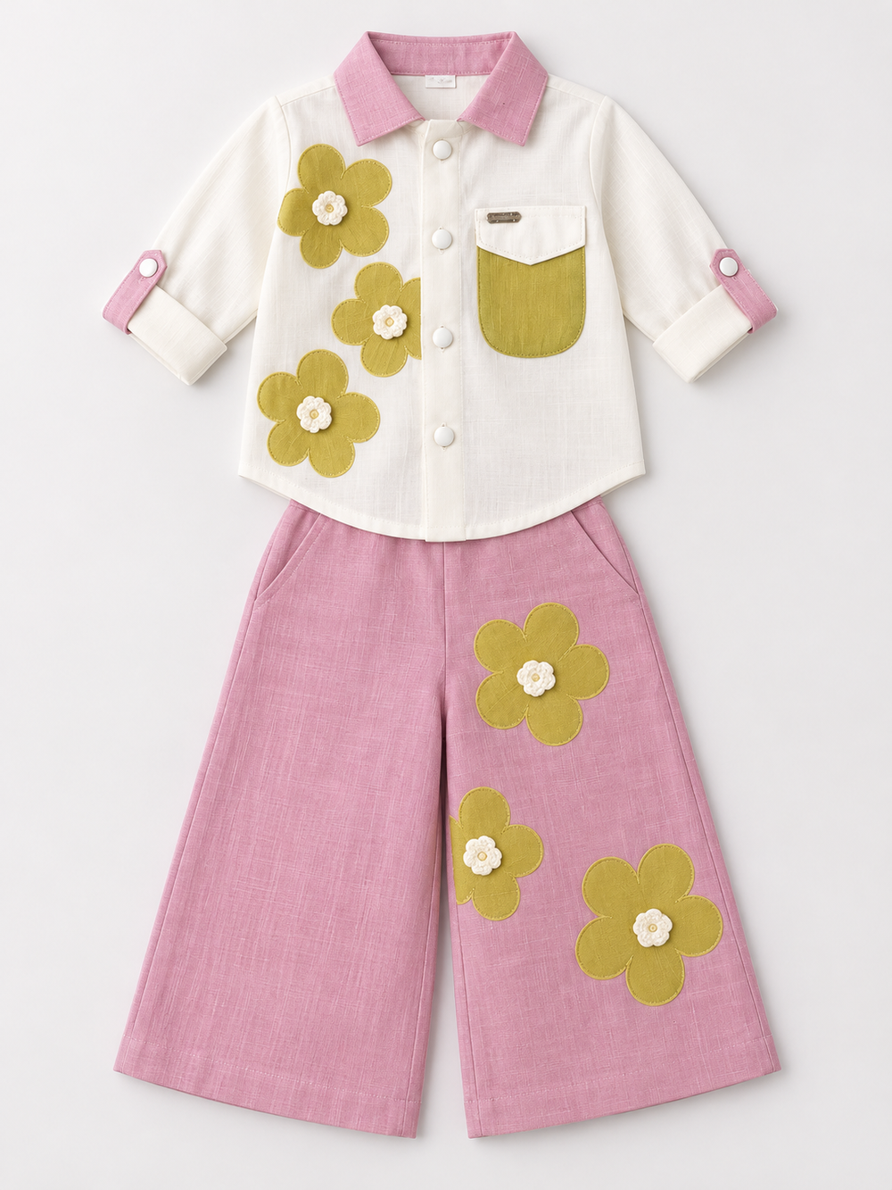 Girls Pink Floral Applique Shirt and Wide-Leg Pants Set