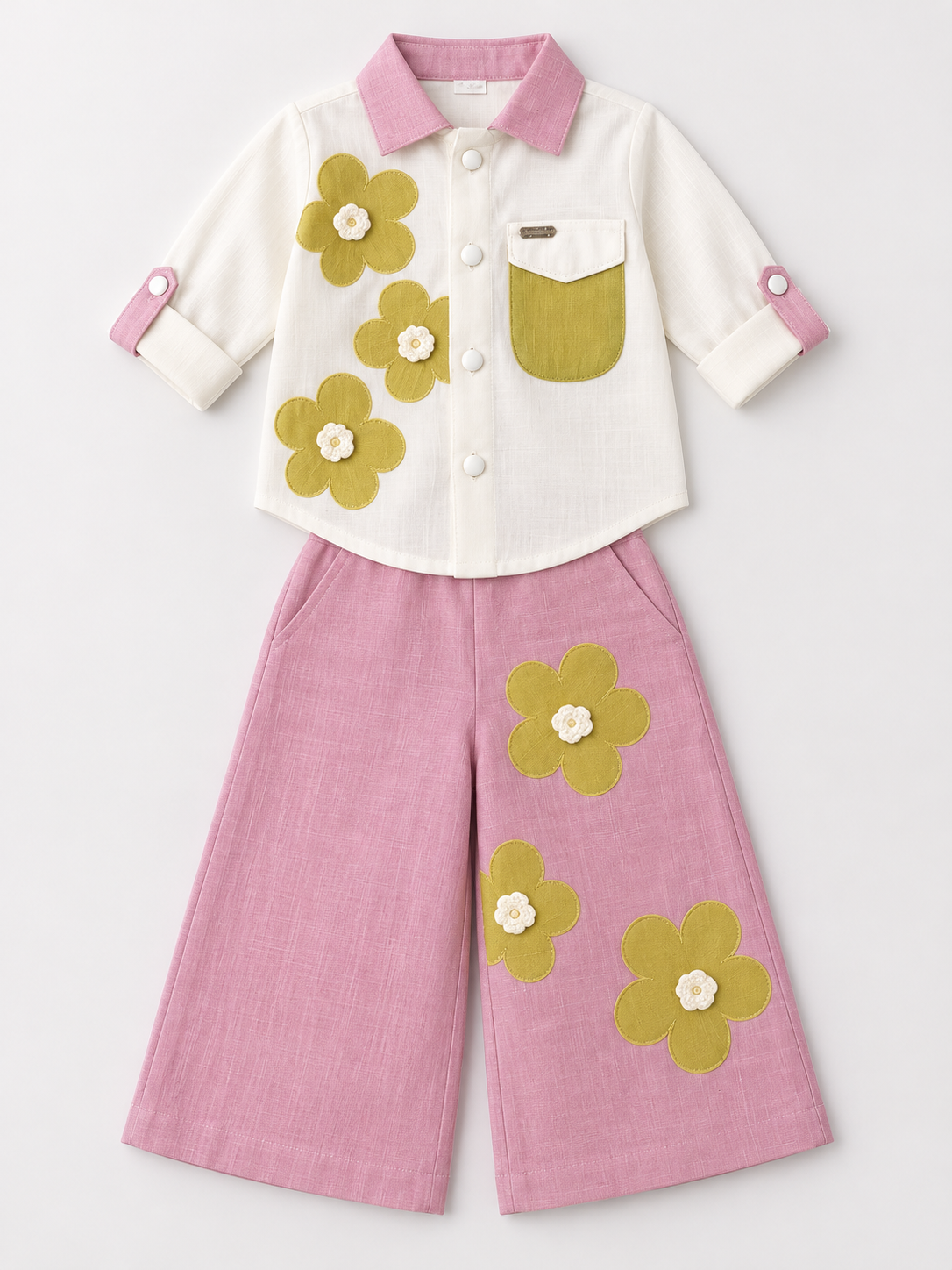 Girls Pink Floral Applique Shirt and Wide-Leg Pants Set