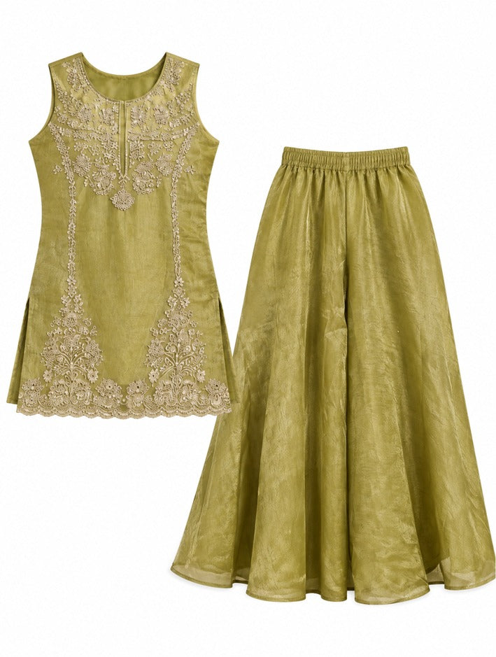 Girls Green Embroidered Kurta and Sharara Set