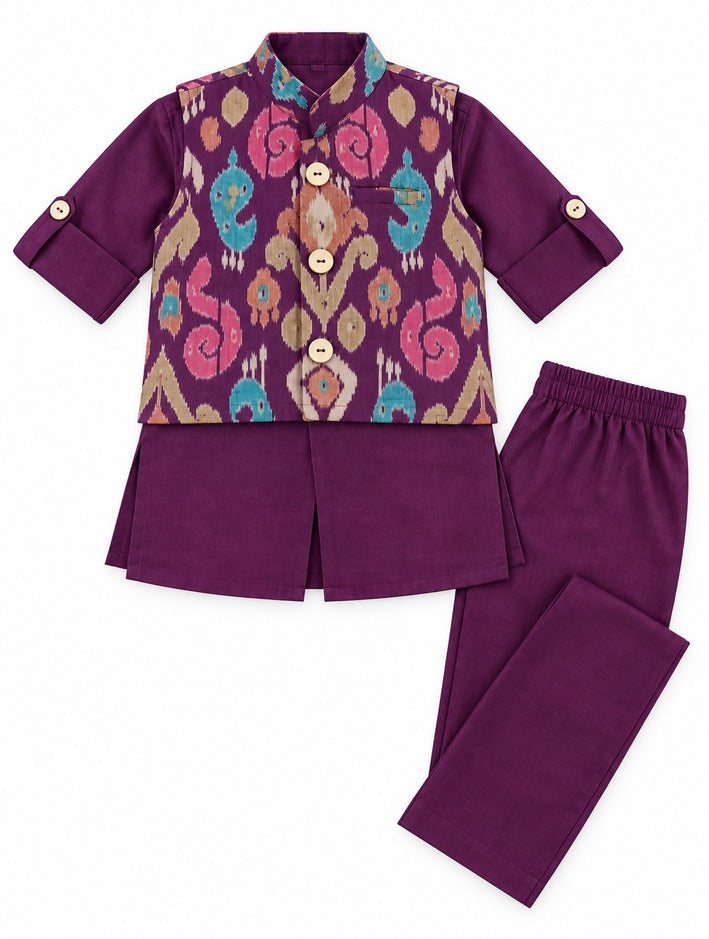 Boys Wine Ikat-Print Jacket, Kurta and Pajama Set