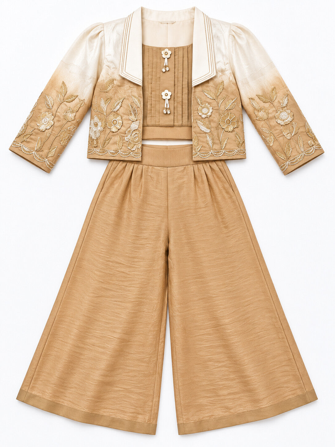 Girls Cream Embroidered Jacket with Crop Top & Palazzo Set