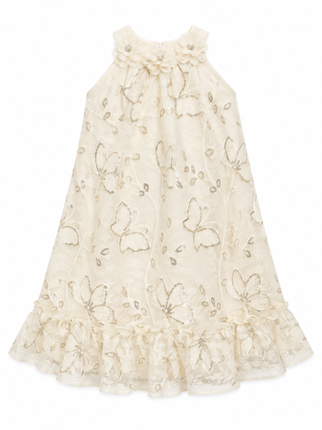 Girls Cream Floral Lace Halter Party Dress with Rosette Neckline
