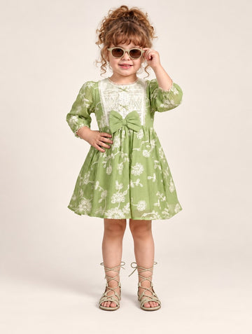 Girls Green Floral Frock with Crochet Yoke